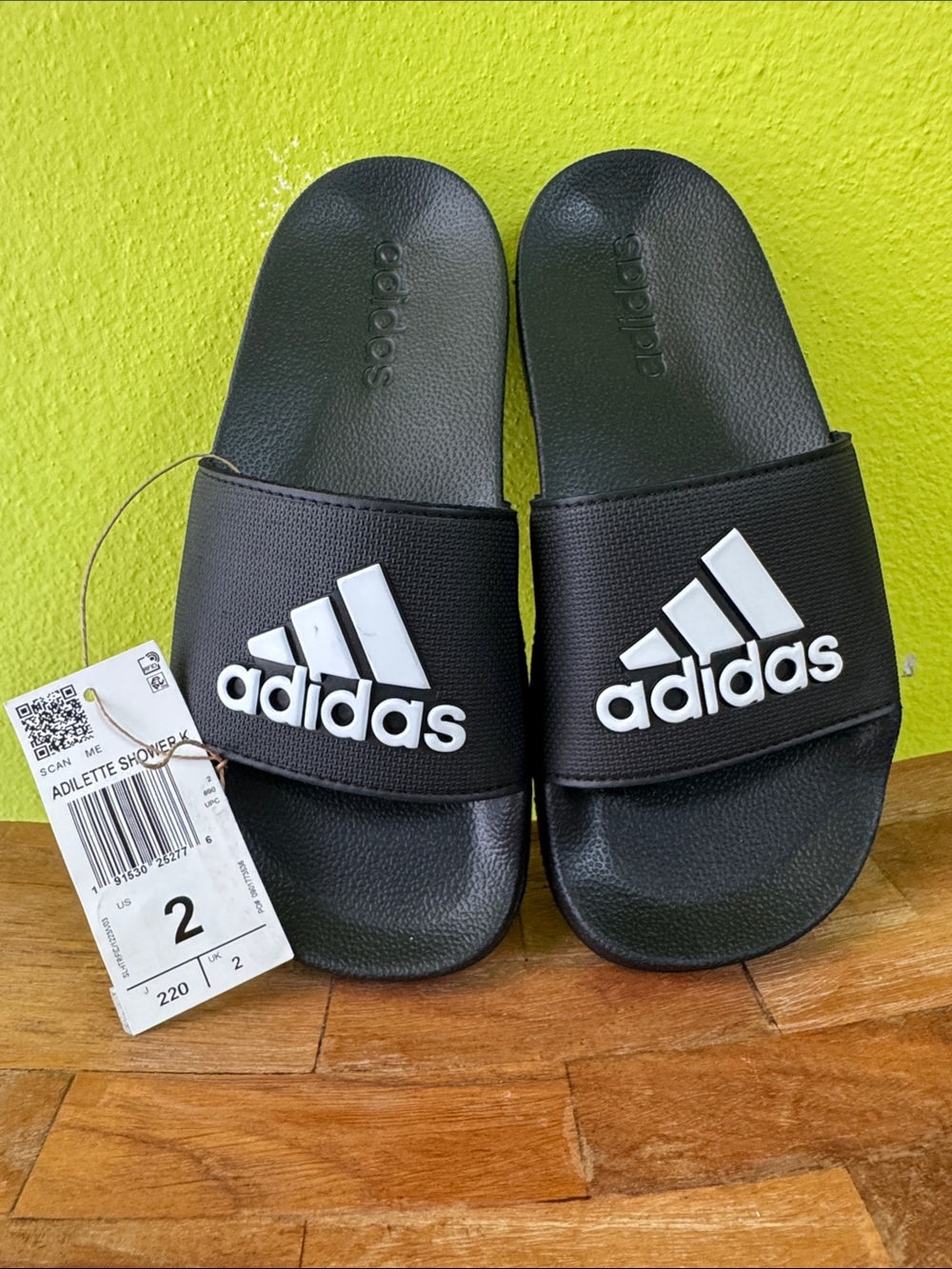adidas Black Slide Sandals with White Logo - Kids